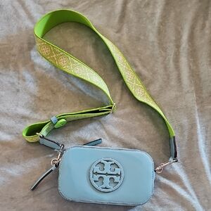 Tory Burch Light Blue Crossbody Bag with Green Strap